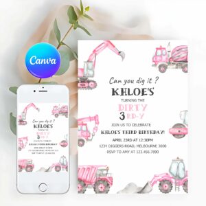 Construction Invitation, Pink Construction Dirty 3RD-Y Birthday Invitation, Girl Construction Trucks 3rd B'day Invite, Digger Truck Party