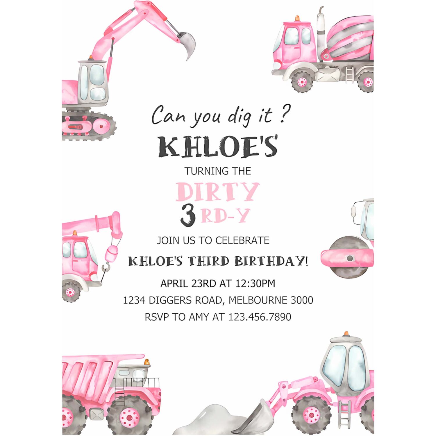 Pink construction dirty 3rd y birthday invitation girl construction trucks 3rd bday invite digger truck party 4
