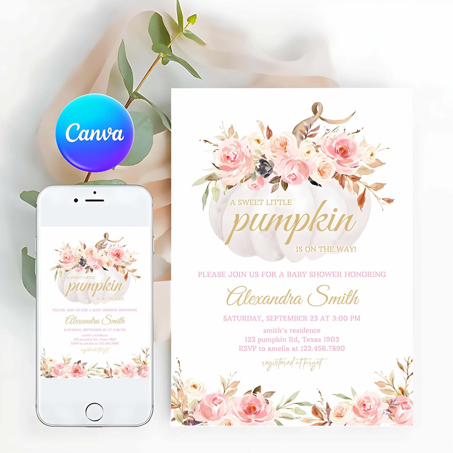 Pink floral pumpkin baby shower invitation girl fall baby shower invite