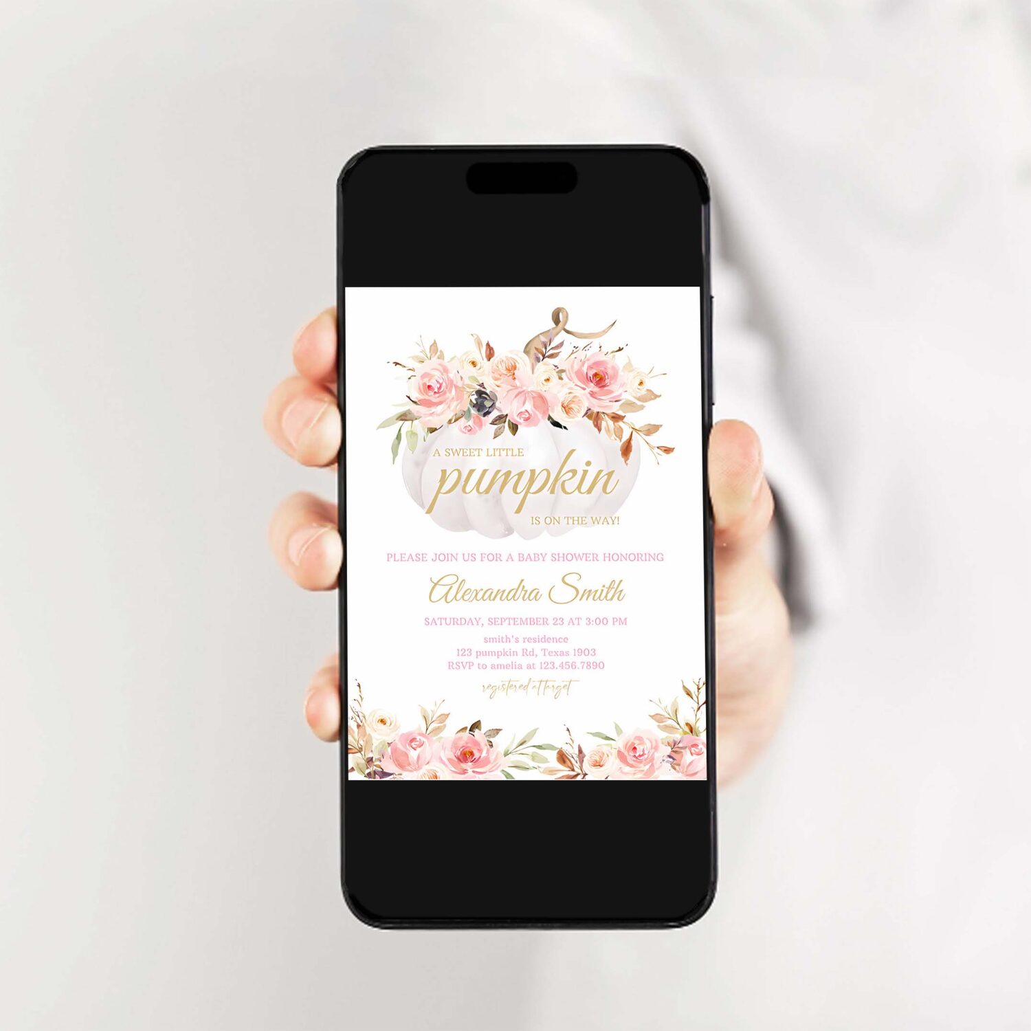 Pink floral pumpkin baby shower invitation girl fall baby shower invite 2