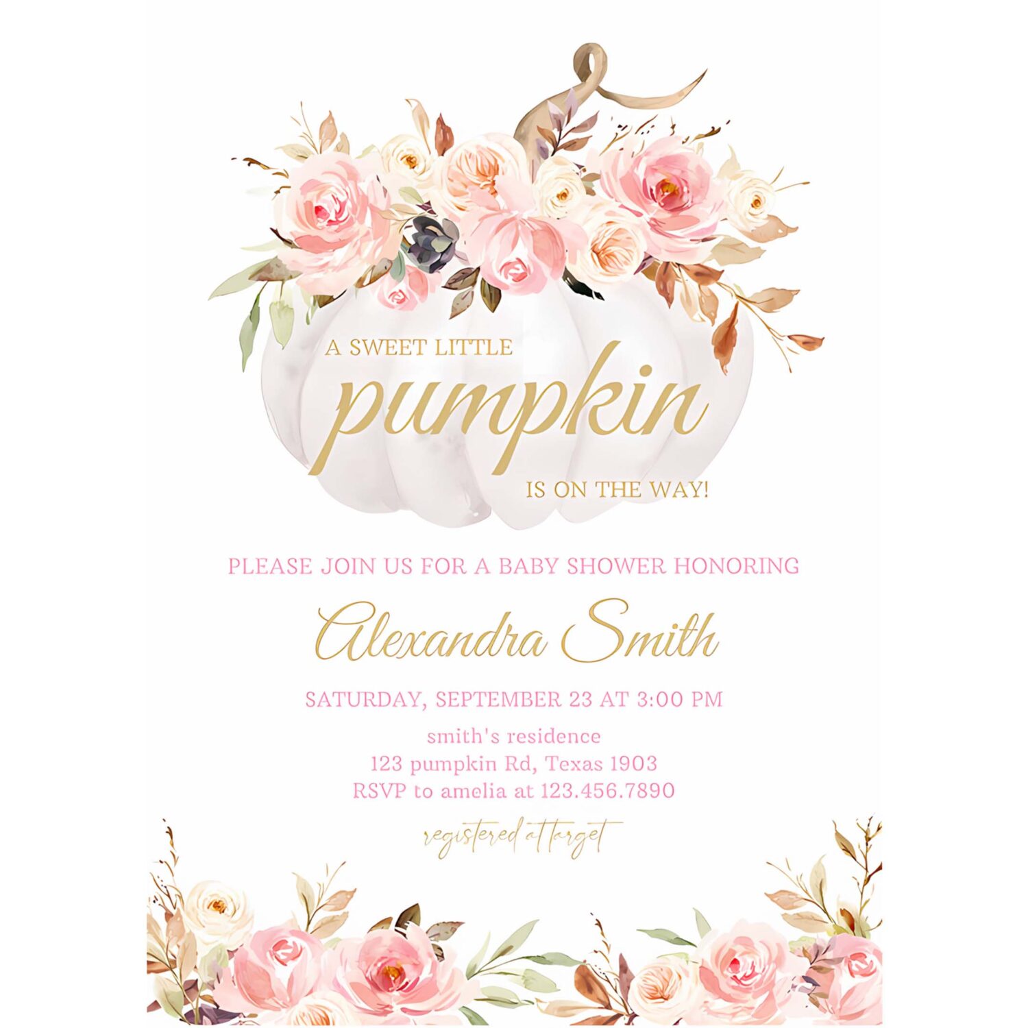 Pink floral pumpkin baby shower invitation girl fall baby shower invite 4