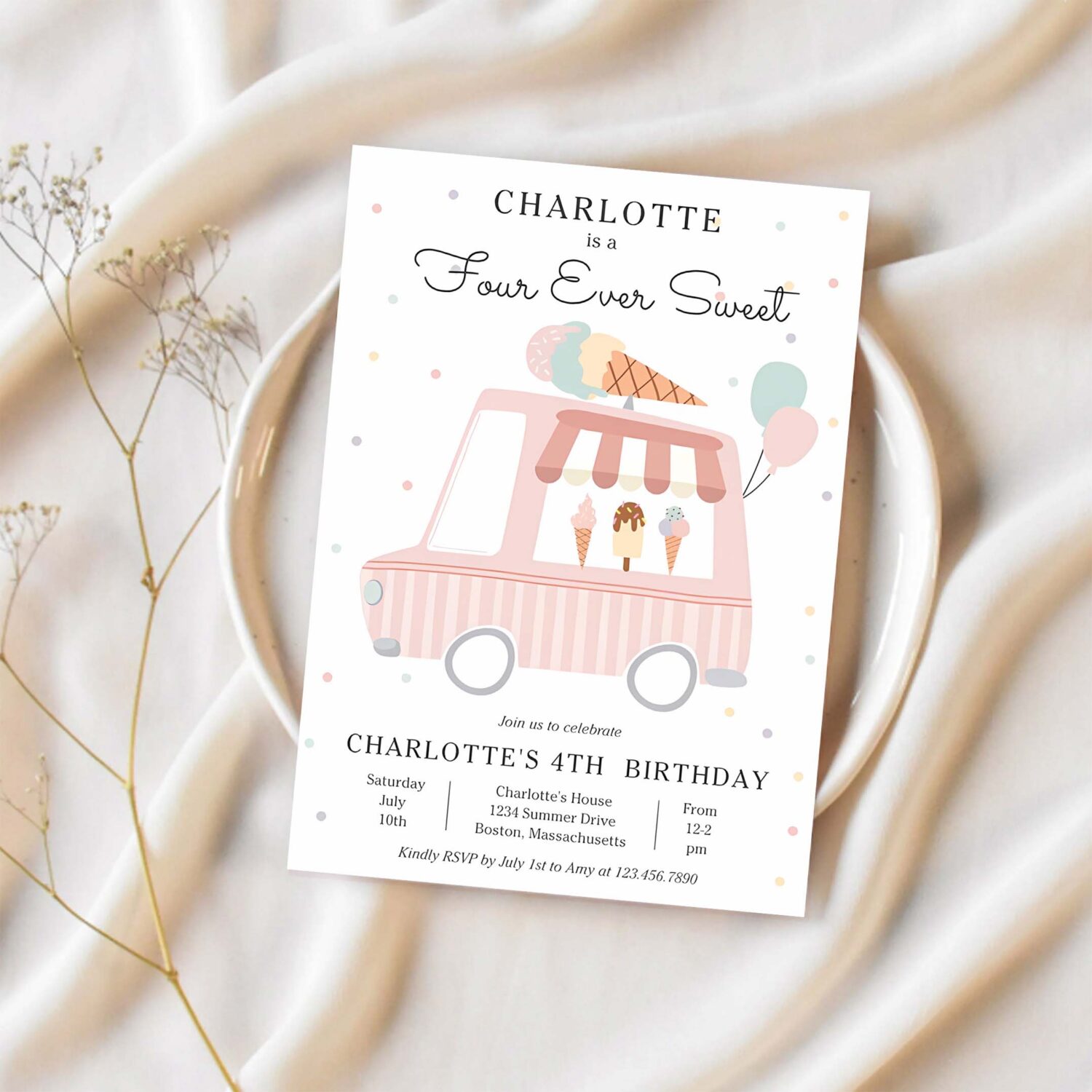Pink ice cream truck four ever sweet 4th birthday invitation h60u 1