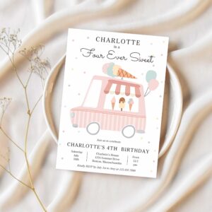 Pink ice cream truck four ever sweet 4th birthday invitation h60u 1