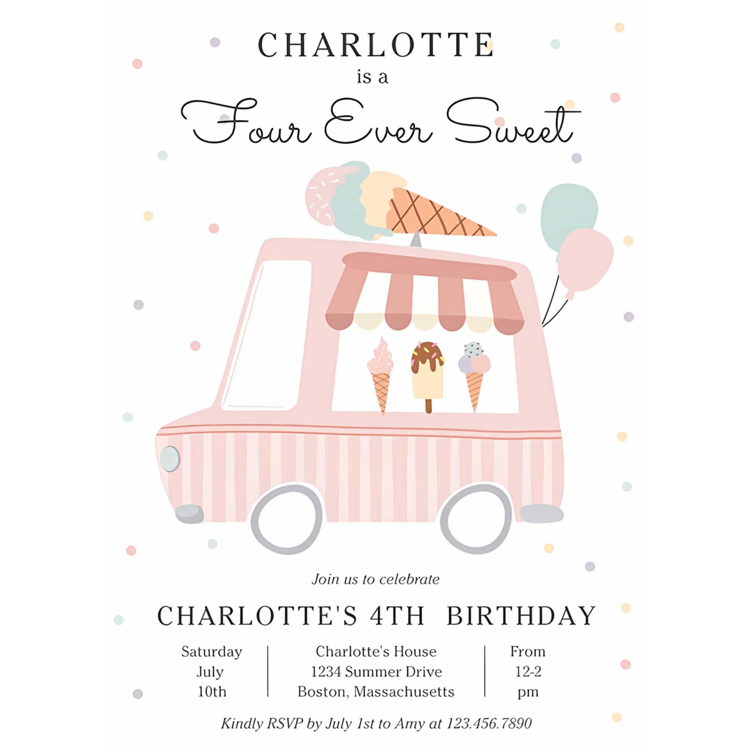 Pink ice cream truck four ever sweet 4th birthday invitation h60u 4