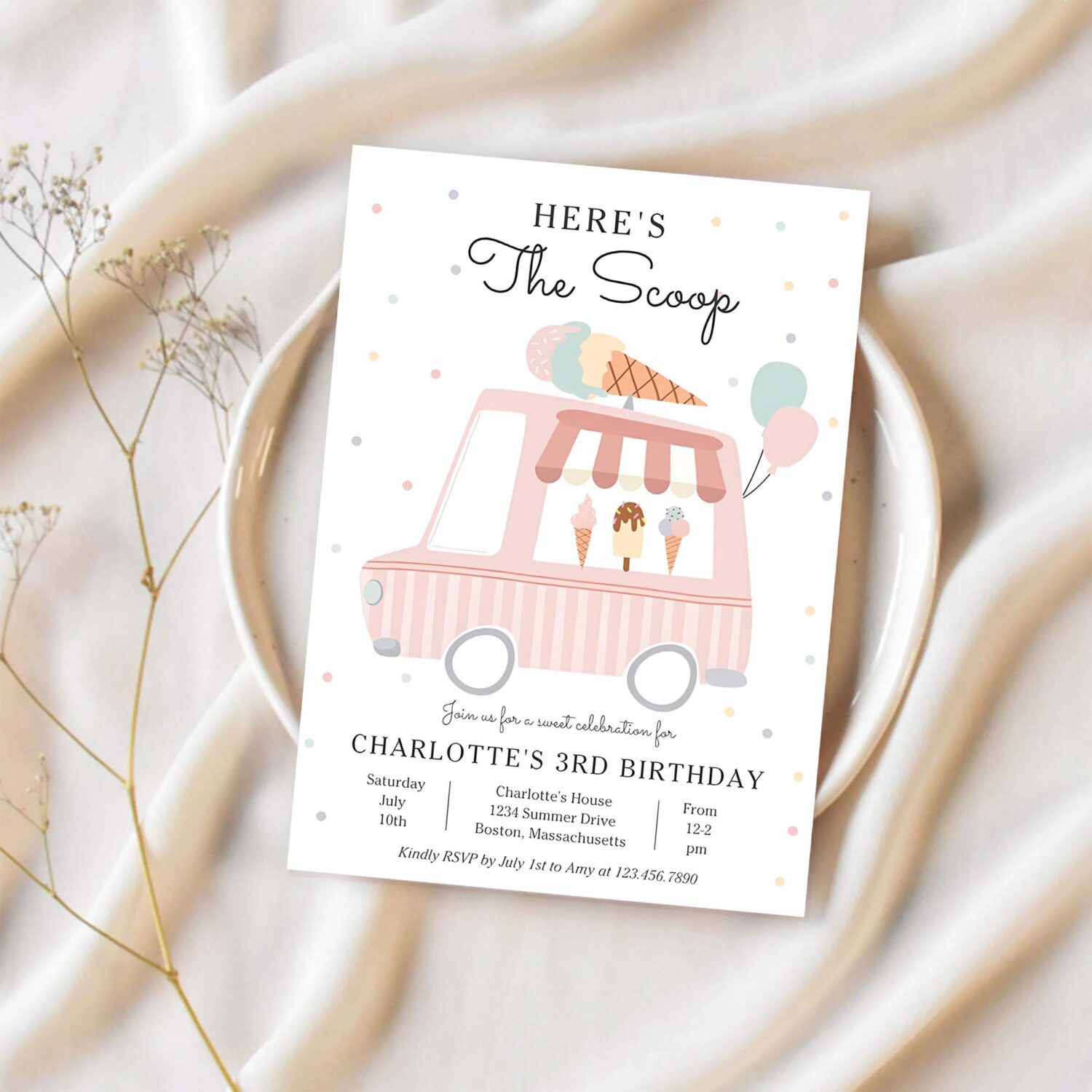 Pink ice cream truck heres the scoop birthday invitation w73e 1