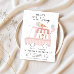 Pink ice cream truck heres the scoop birthday invitation w73e 1