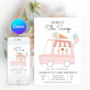 Ice Cream Truck Invitation, Pink Ice Cream Truck Heres The Scoop Birthday Invitation