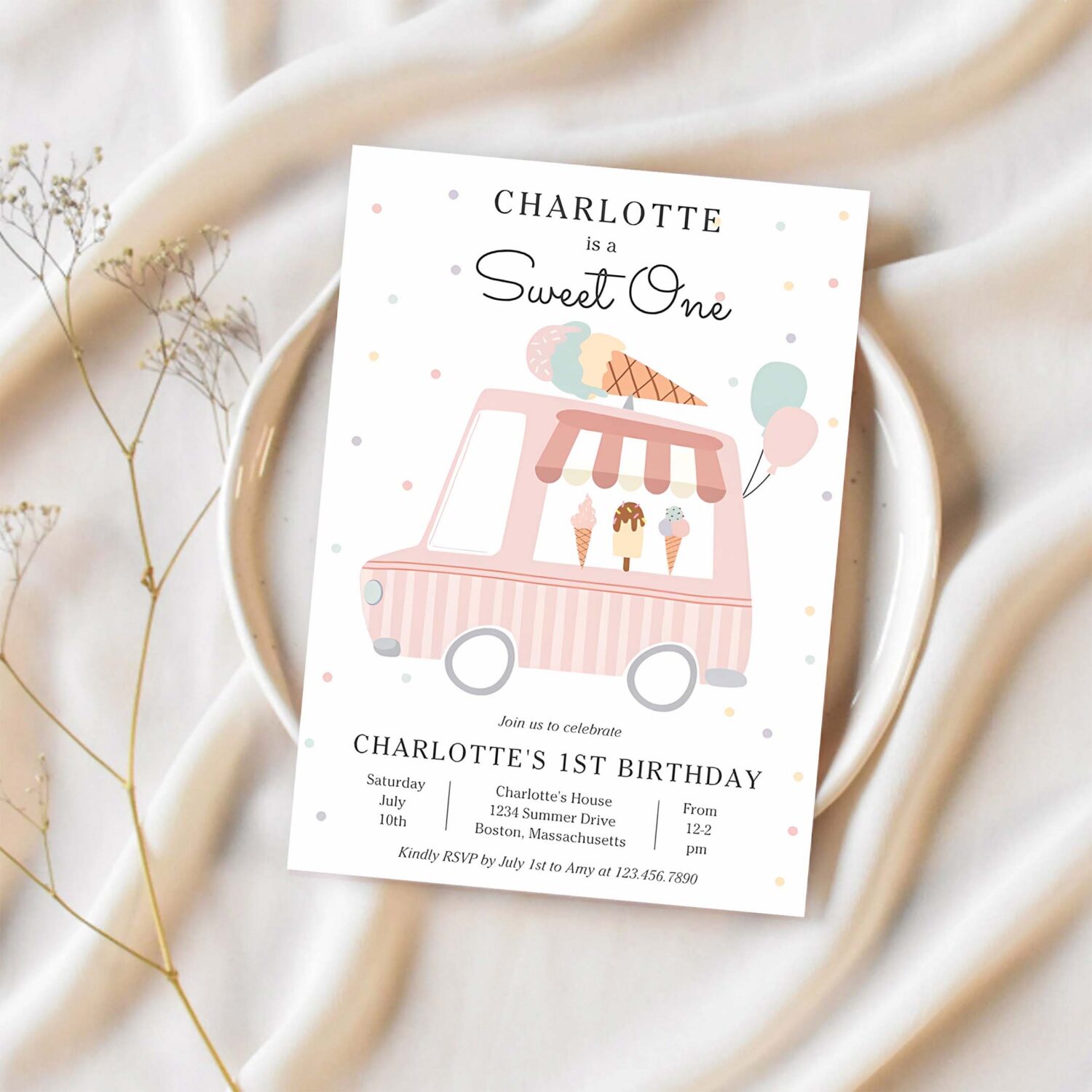 Pink ice cream truck sweet one 1st birthday party invitation d71u 1