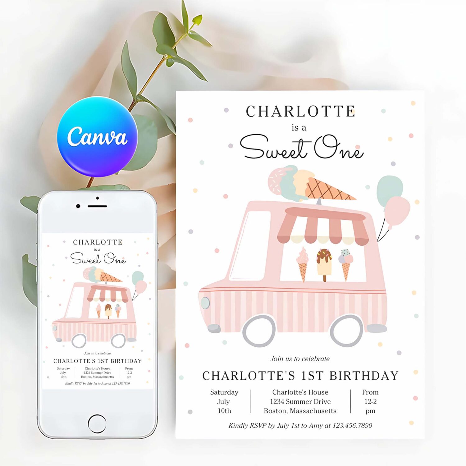 Pink ice cream truck sweet one 1st birthday party invitation d71u