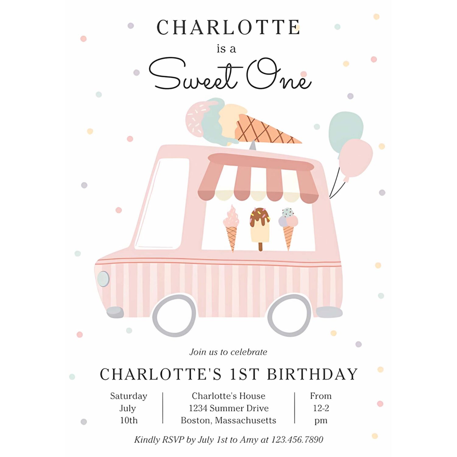 Pink ice cream truck sweet one 1st birthday party invitation d71u 4