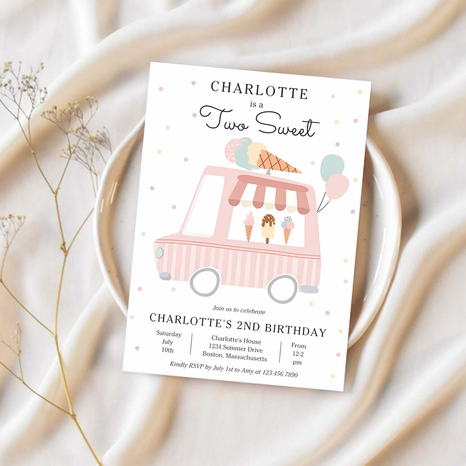 Pink ice cream truck two sweet 2nd birthday party invitation s63z 1
