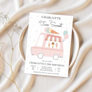 Pink ice cream truck two sweet 2nd birthday party invitation s63z 1