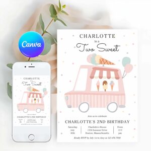 Ice Cream Truck Invitation, Pink Ice Cream Truck Two Sweet 2nd Birthday Party Invitation