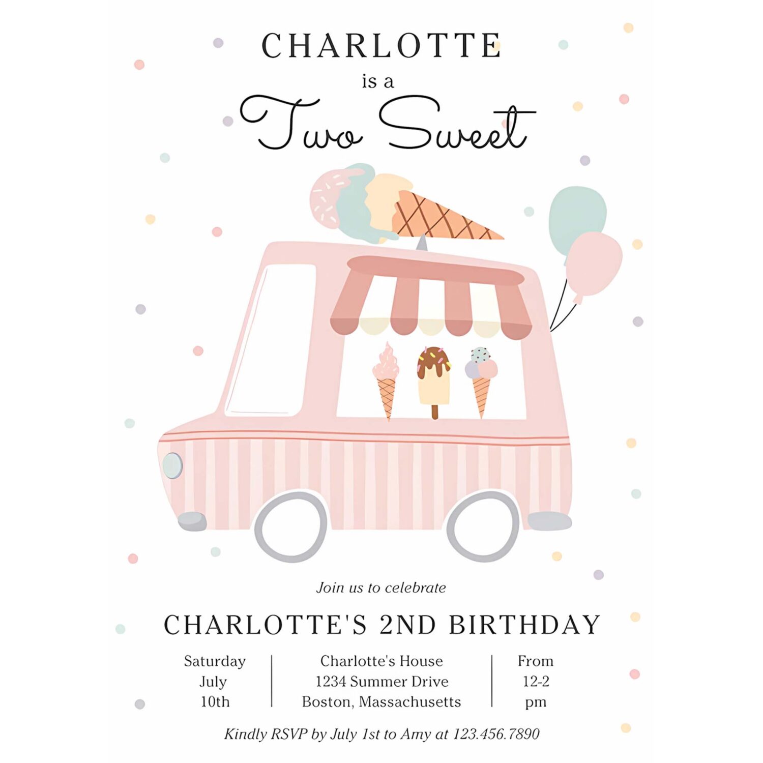 Pink ice cream truck two sweet 2nd birthday party invitation s63z 4