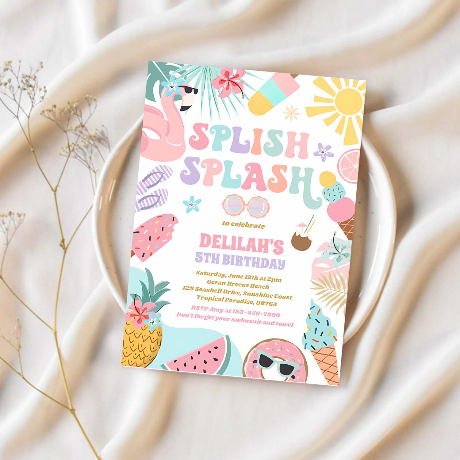 Pool party tropical summer pool birthday party invitation a46t 1