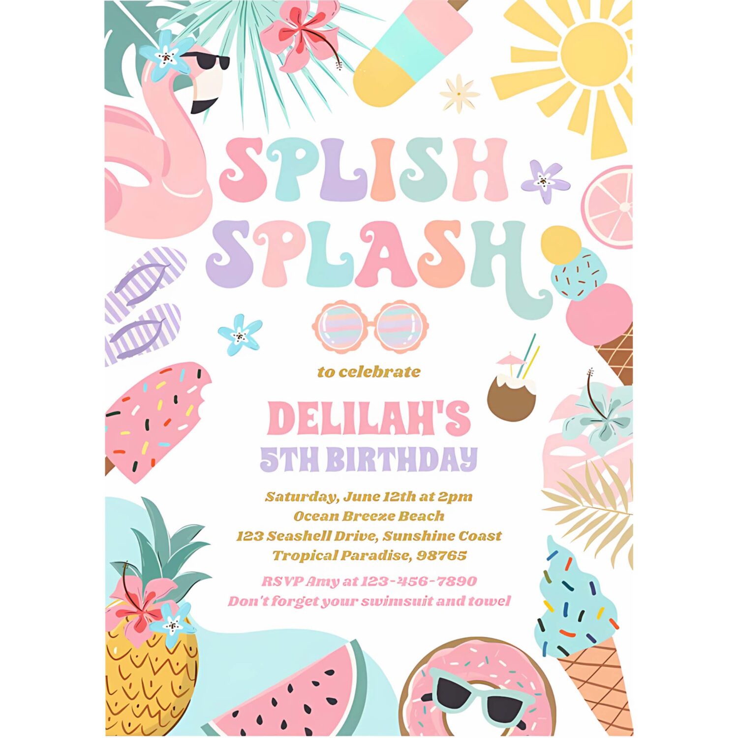 Pool party tropical summer pool birthday party invitation a46t 4
