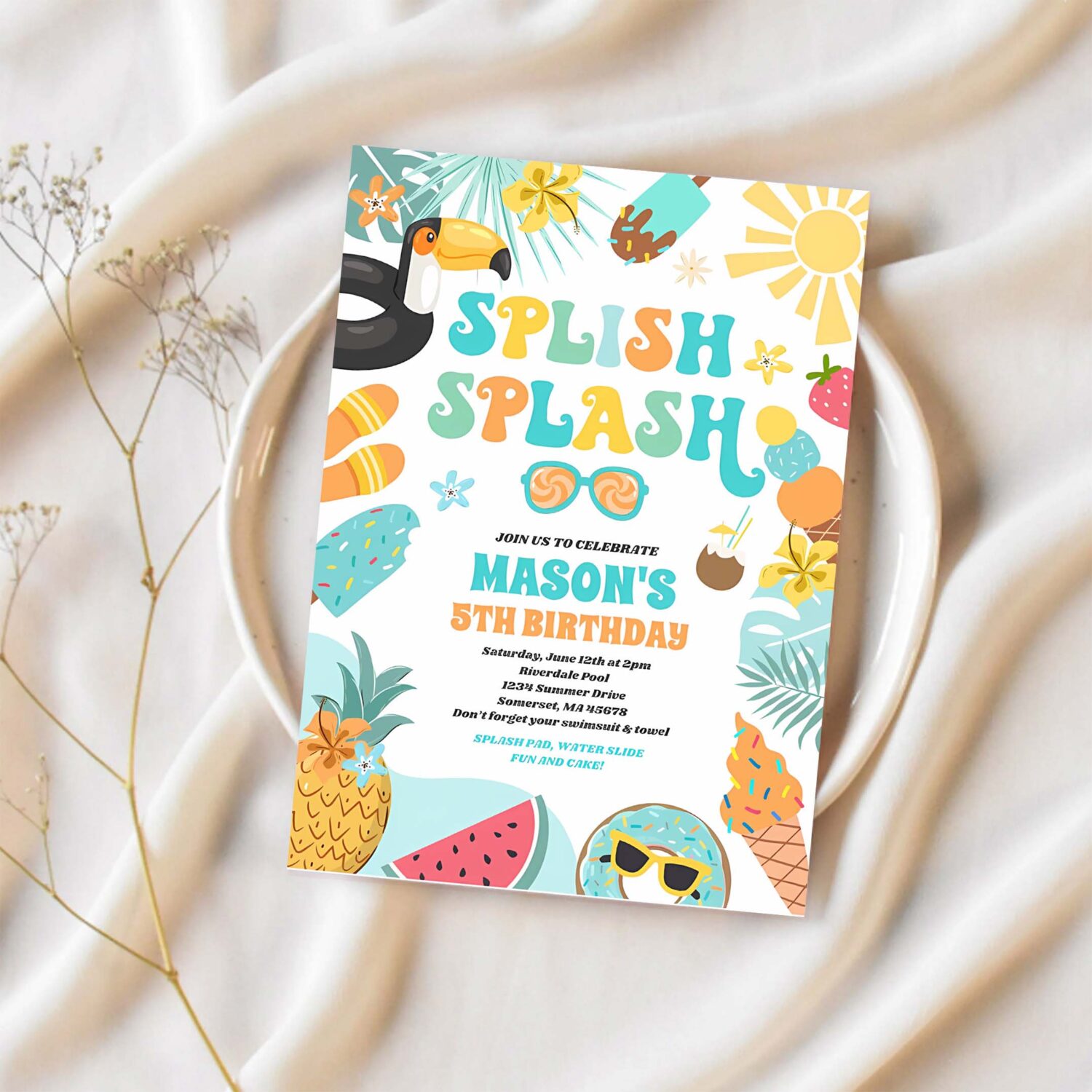 Pool party tropical summer pool birthday party invitation c73j 1