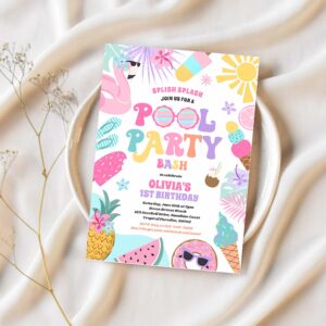 Pool party tropical summer pool birthday party invitation d11z 1