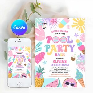 Tropical Summer Invitation, Pool Party Tropical Summer Pool Birthday Party Invitation