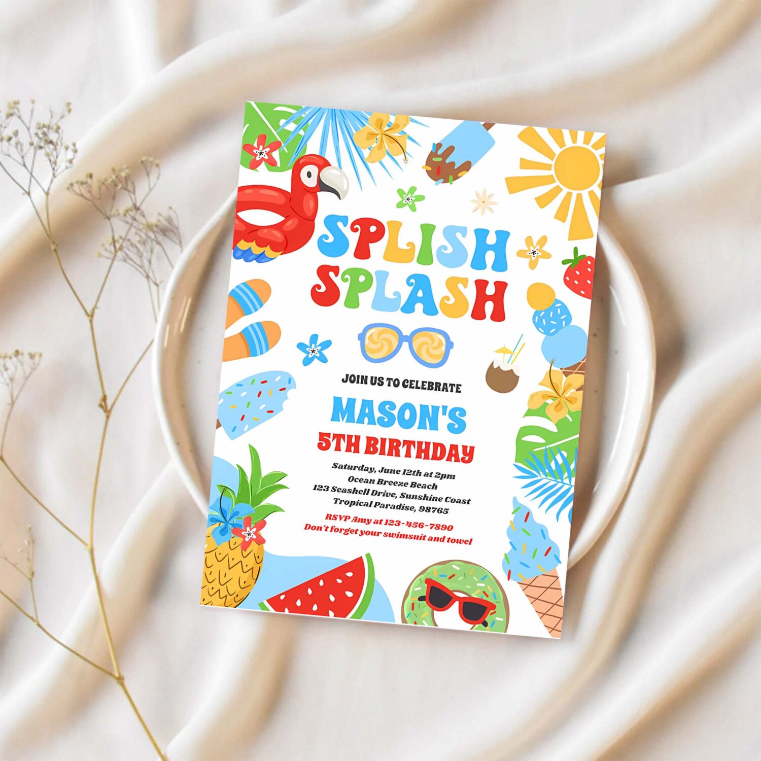 Pool party tropical summer pool birthday party invitation j89j 1