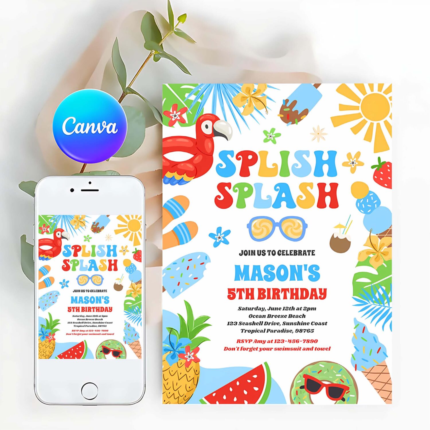Pool party tropical summer pool birthday party invitation j89j