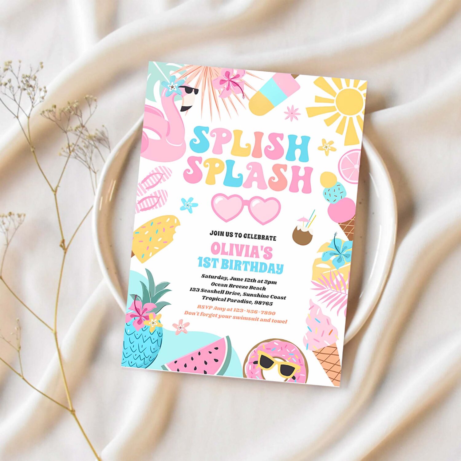 Pool party tropical summer pool birthday party invitation k73y 1