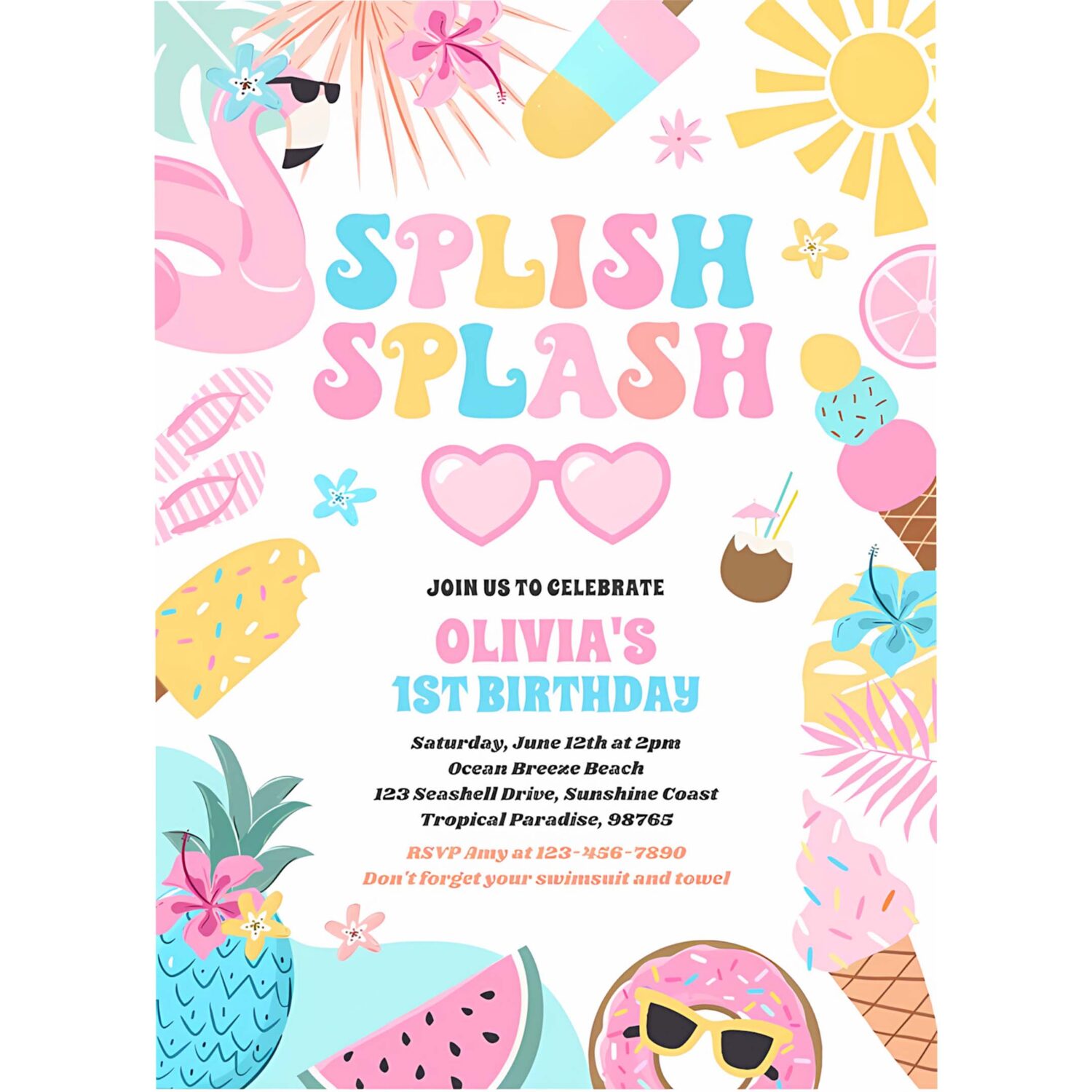 Pool party tropical summer pool birthday party invitation k73y 4