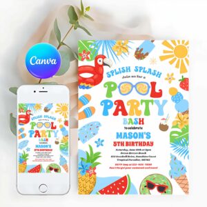 Tropical Summer Invitation, Pool Party Tropical Summer Pool Birthday Party Invitation
