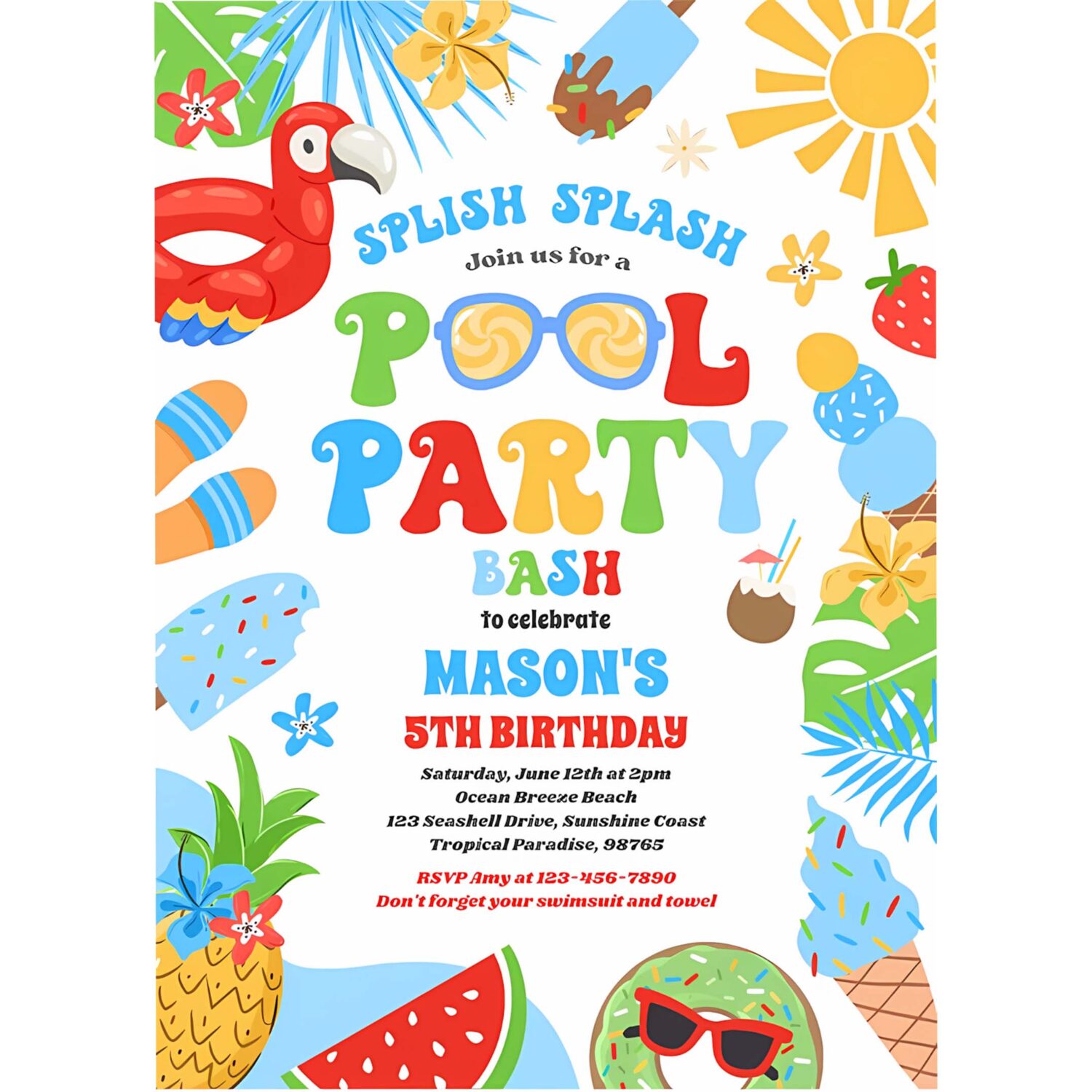 Pool party tropical summer pool birthday party invitation n69x 4