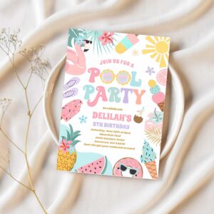 Pool party tropical summer pool birthday party invitation n74e 1