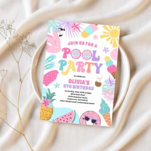 Pool party tropical summer pool birthday party invitation n77o 1