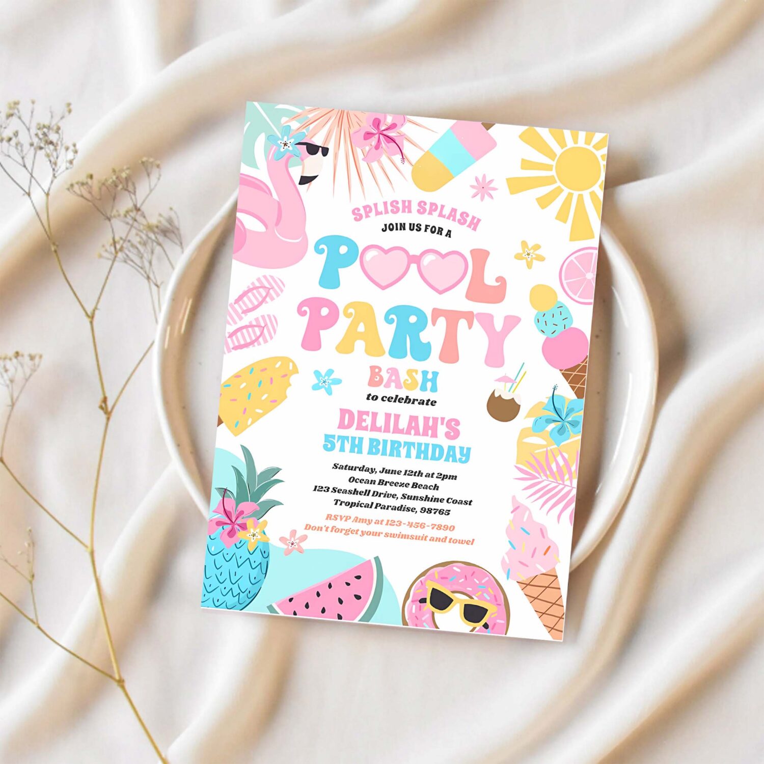 Pool party tropical summer pool birthday party invitation n85k 1
