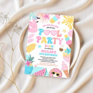 Pool party tropical summer pool birthday party invitation n85k 1