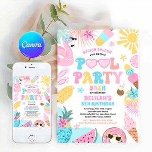 Tropical Summer Invitation, Pool Party Tropical Summer Pool Birthday Party Invitation