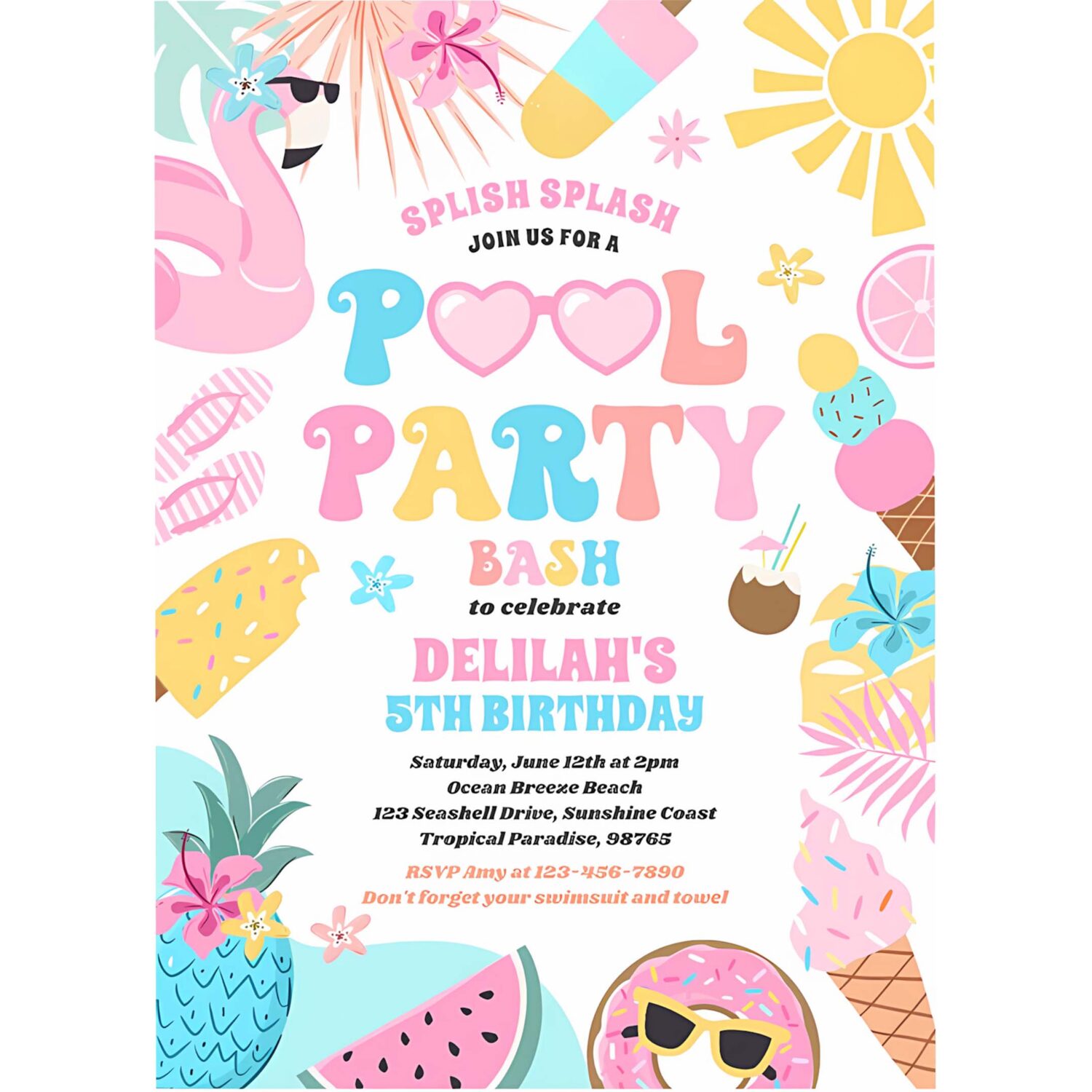 Pool party tropical summer pool birthday party invitation n85k 4