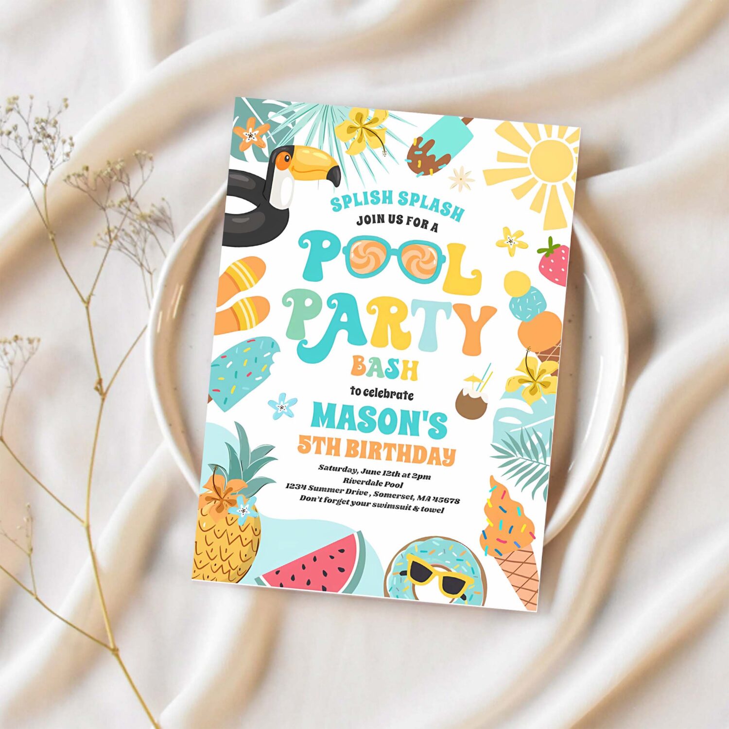 Pool party tropical summer pool birthday party invitation p48c 1