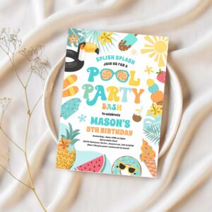 Pool party tropical summer pool birthday party invitation p48c 1