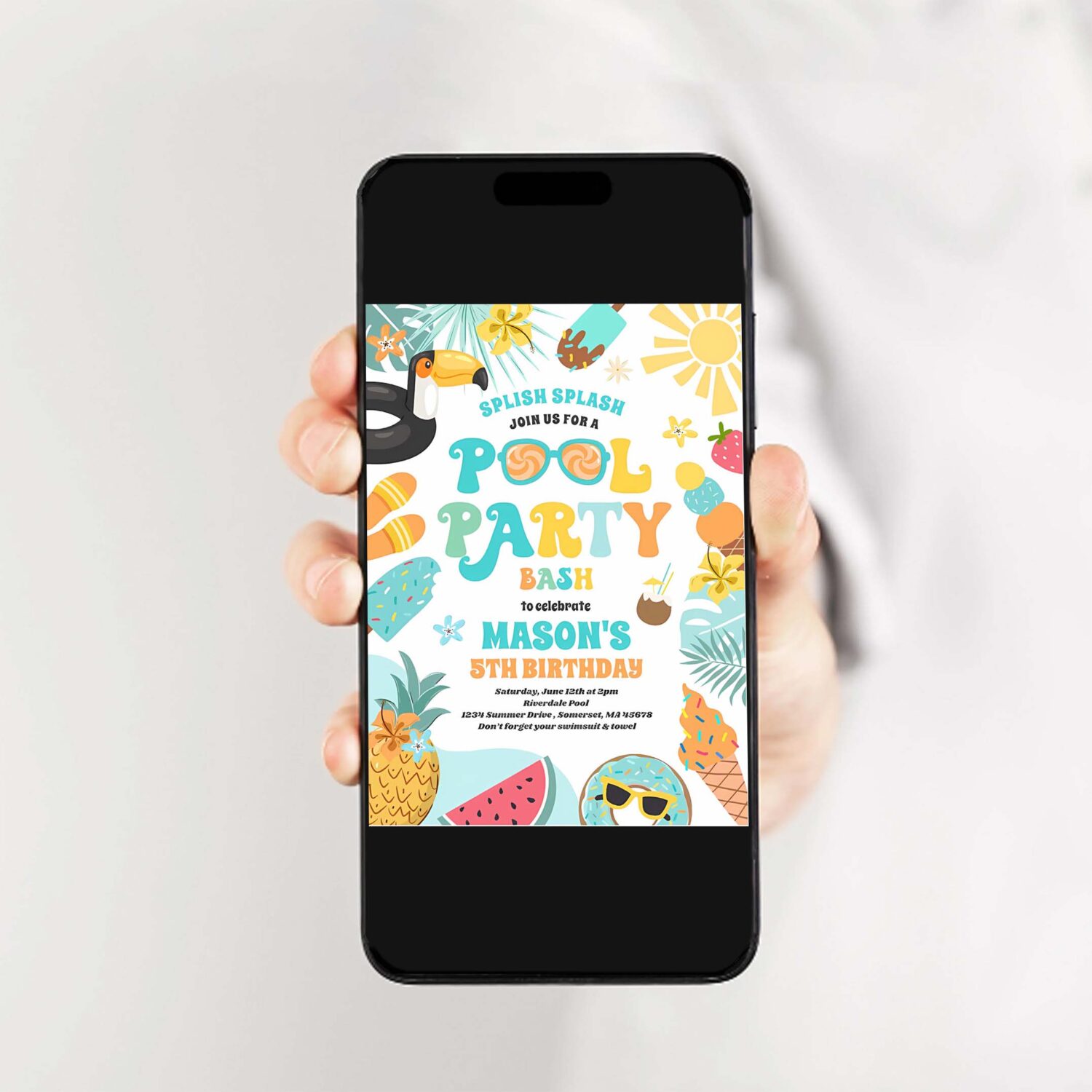 Pool party tropical summer pool birthday party invitation p48c 2