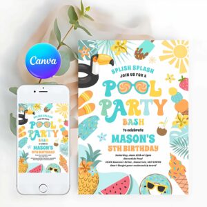 Tropical Summer Invitation, Pool Party Tropical Summer Pool Birthday Party Invitation