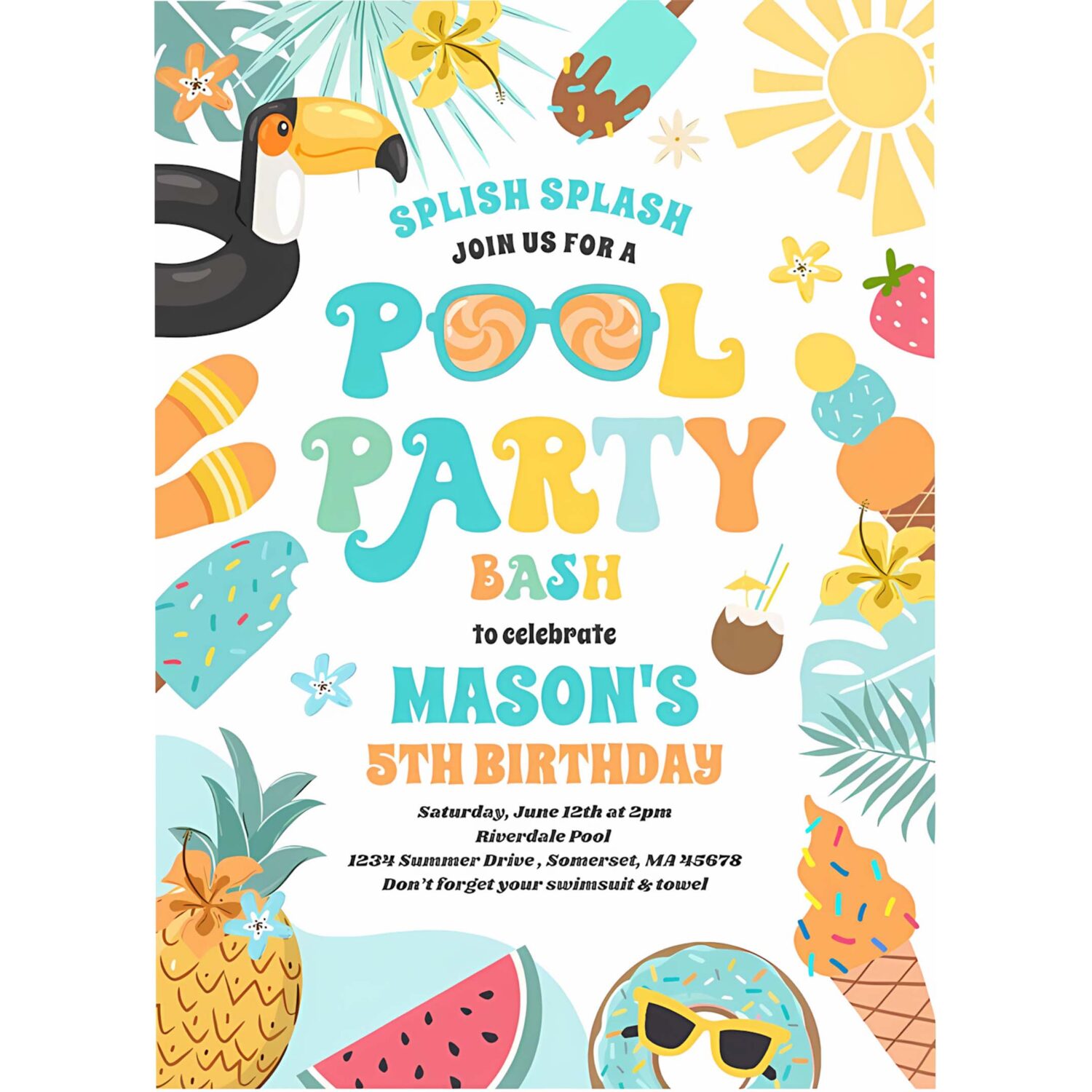 Pool party tropical summer pool birthday party invitation p48c 4