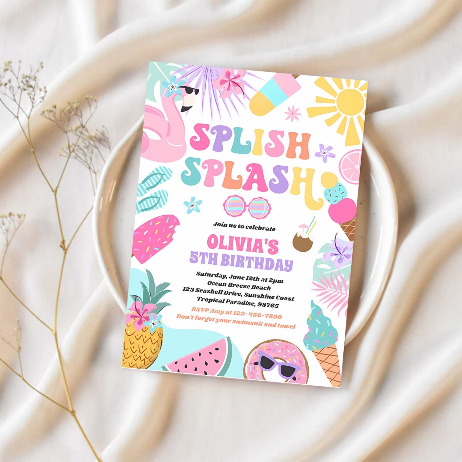 Pool party tropical summer pool birthday party invitation p78a 1