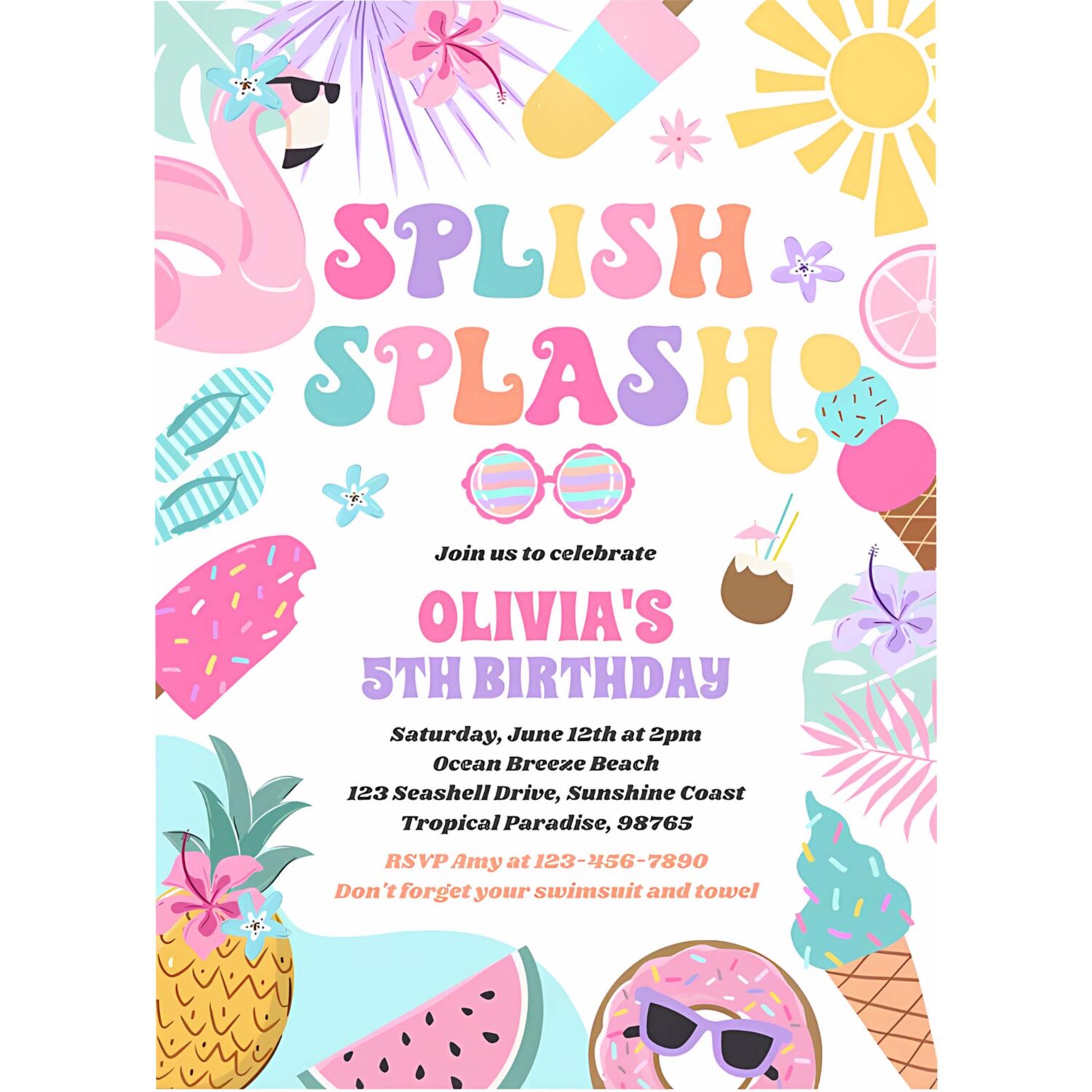 Pool party tropical summer pool birthday party invitation p78a 4