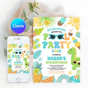 Tropical Summer Invitation, Pool Party Tropical Summer Pool Birthday Party Invitation