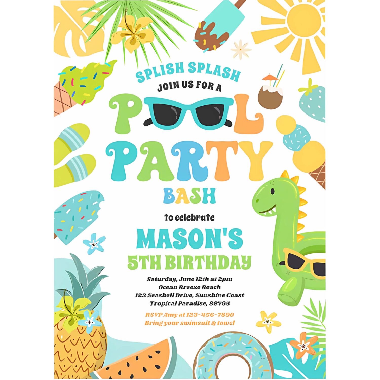 Pool party tropical summer pool birthday party invitation p99x 4