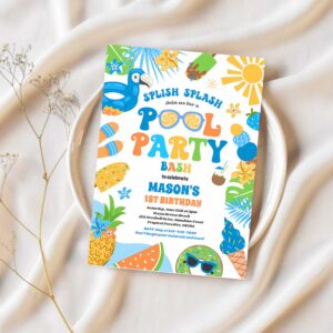 Pool party tropical summer pool birthday party invitation q96g 1