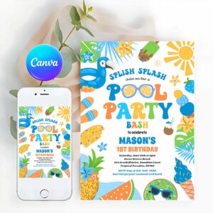 Tropical Summer Invitation, Pool Party Tropical Summer Pool Birthday Party Invitation