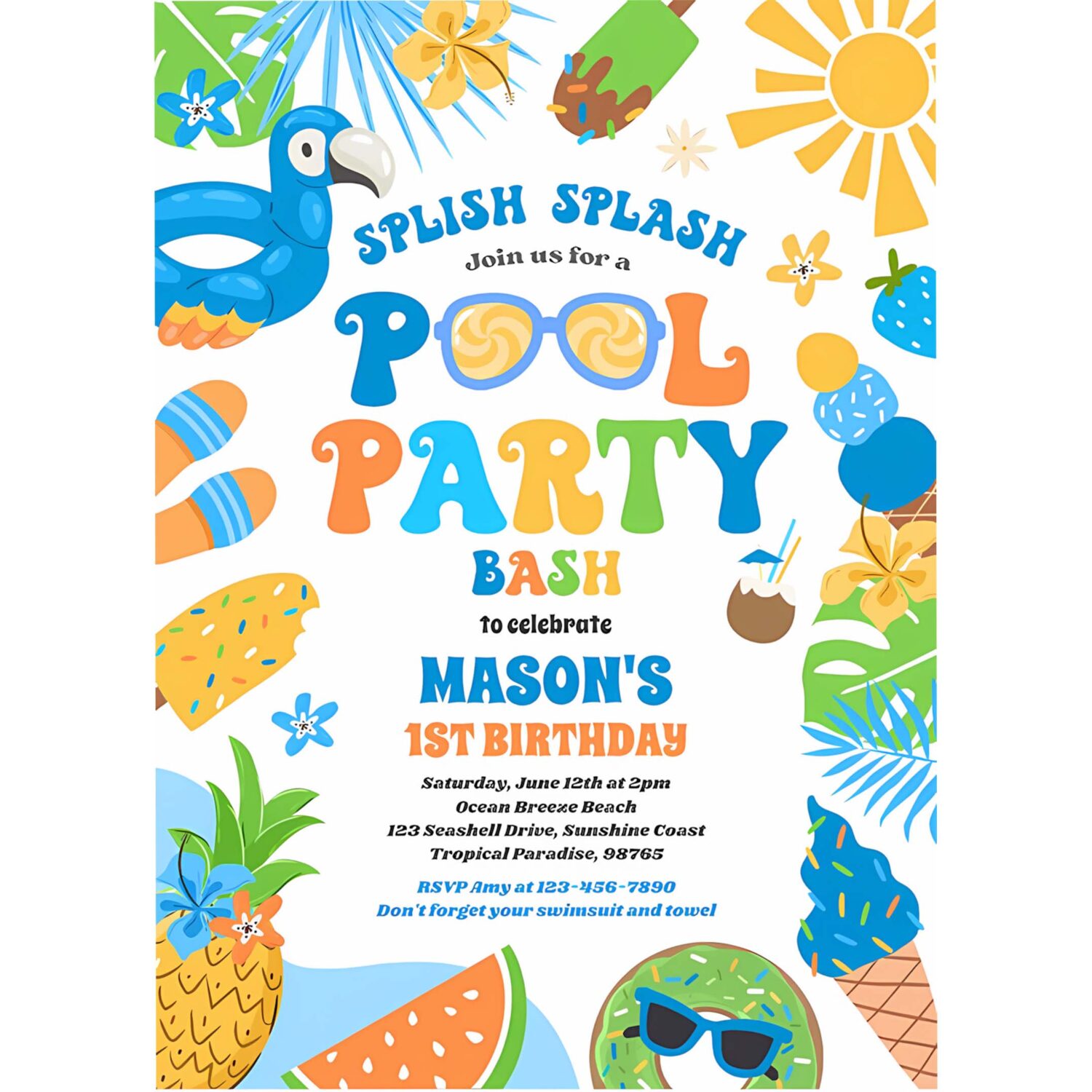 Pool party tropical summer pool birthday party invitation q96g 4