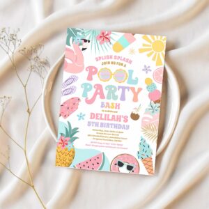 Pool party tropical summer pool birthday party invitation r80d 1