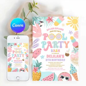 Tropical Summer Invitation, Pool Party Tropical Summer Pool Birthday Party Invitation