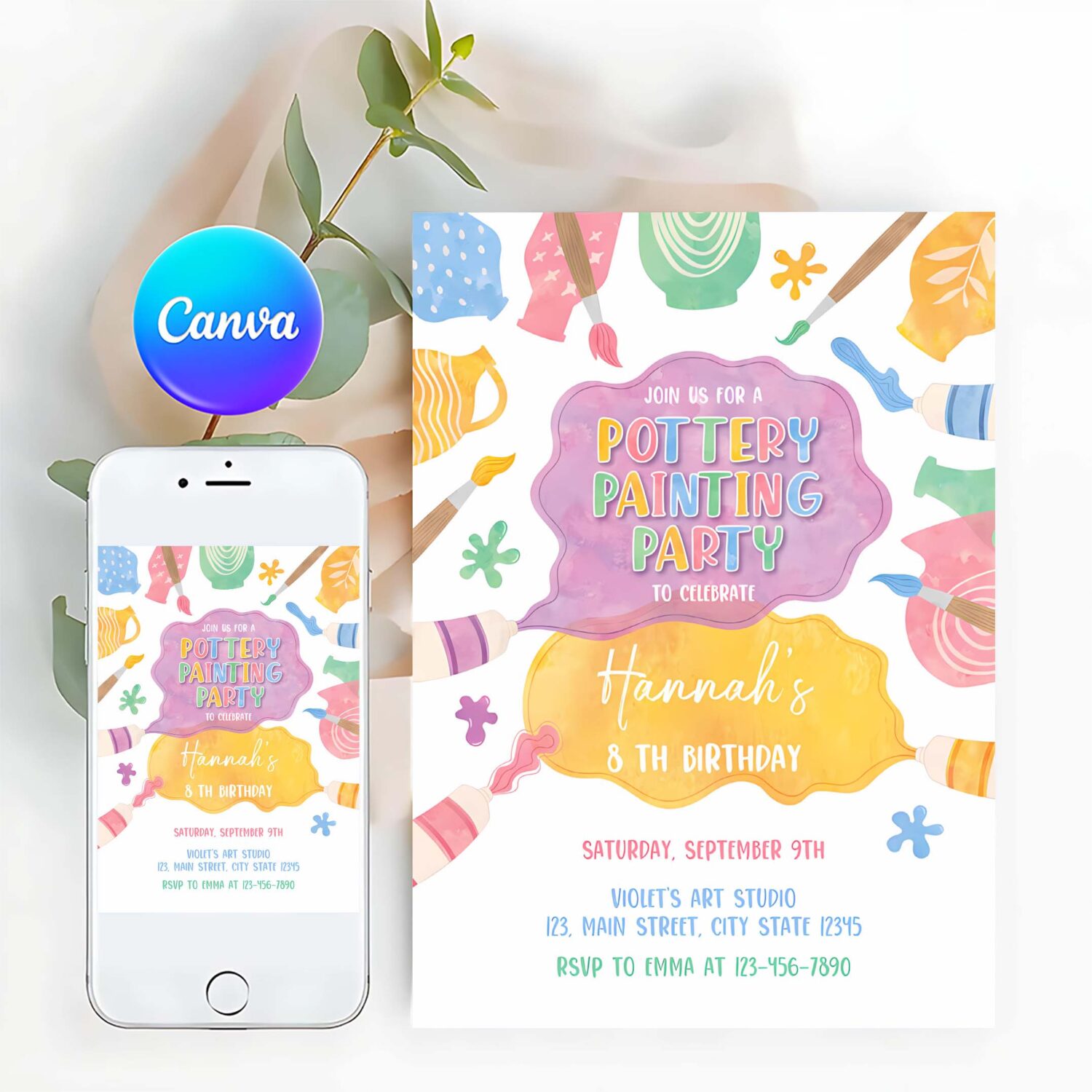Pottery painting party invitation painting birthday invitation art party invitation